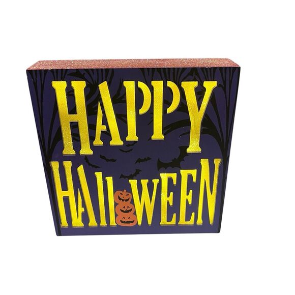 "Halloween" Purple Glittery Halloween Light Up Box Decor - Picture 1 of 4